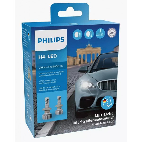 Philips Ultinon Pro6000 H4-LED Street Legal Headlight Bulb +230% Brighter  Light 5,800K