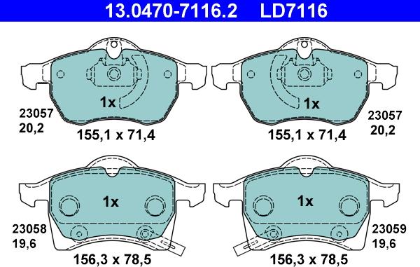 ATE 13.0470-7116.2 - Stabdžių trinkelių rinkinys, diskinis stabdys autoreka.lt