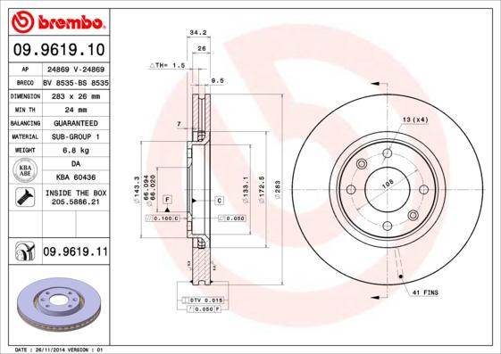 Brembo 09.9619.11 - Stabdžių diskas autoreka.lt