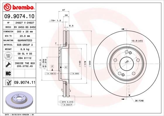 Brembo 09.9074.11 - Stabdžių diskas autoreka.lt