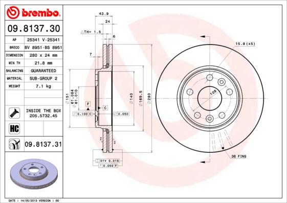 Brembo 09.8137.31 - Stabdžių diskas autoreka.lt