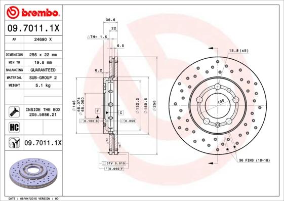 Brembo 09.7011.1X - Stabdžių diskas autoreka.lt