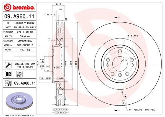 Brembo 09.A960.11 - Stabdžių diskas autoreka.lt