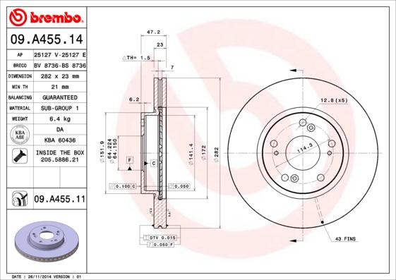 Brembo 09.A455.14 - Stabdžių diskas autoreka.lt