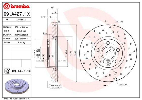 Brembo 09.A427.1X - Stabdžių diskas autoreka.lt