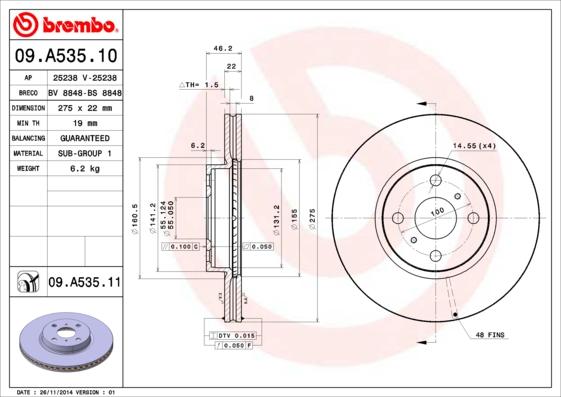 Brembo 09.A535.11 - Stabdžių diskas autoreka.lt
