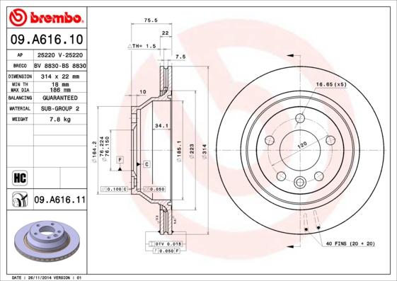 Brembo 09.A616.11 - Stabdžių diskas autoreka.lt