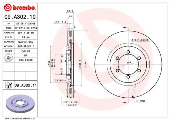 Brembo 09.A302.11 - Stabdžių diskas autoreka.lt