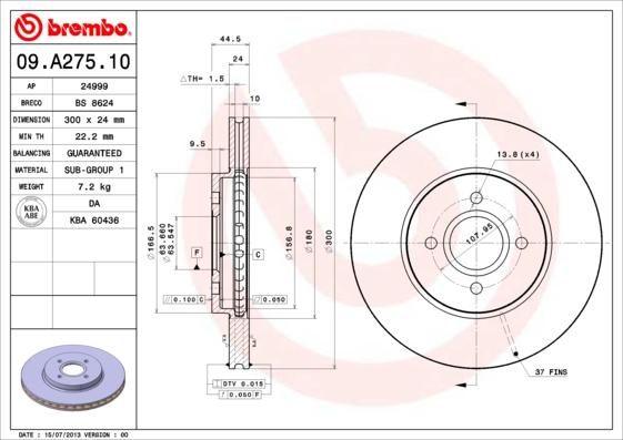 Brembo 09.A275.10 - Stabdžių diskas autoreka.lt