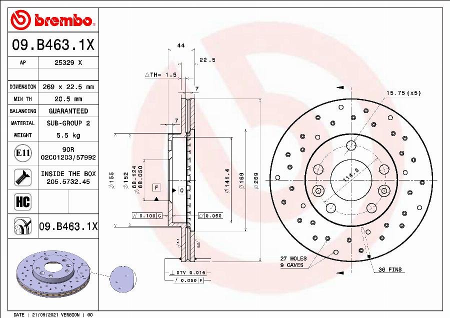 Brembo 09.B463.1X - Stabdžių diskas autoreka.lt