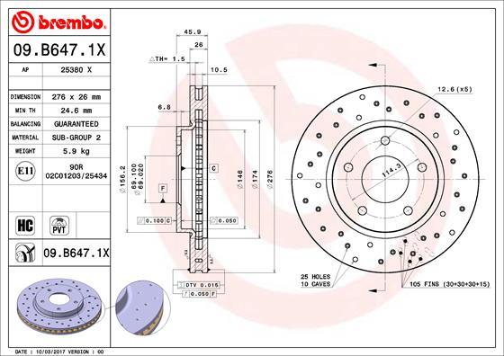 Brembo 09.B647.1X - Stabdžių diskas autoreka.lt