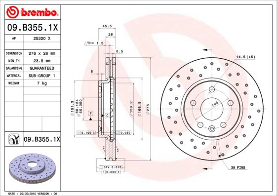 Brembo 09.B355.1X - Stabdžių diskas autoreka.lt