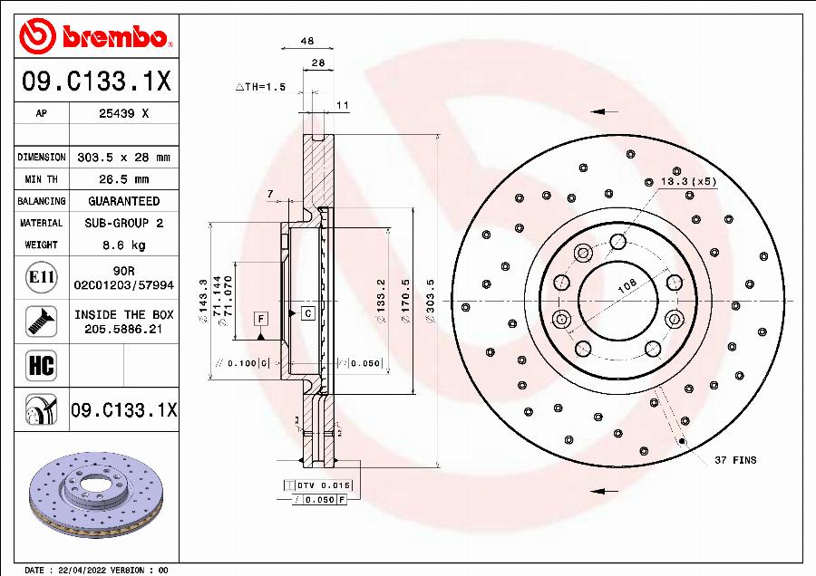 Brembo 09.C133.1X - Stabdžių diskas autoreka.lt