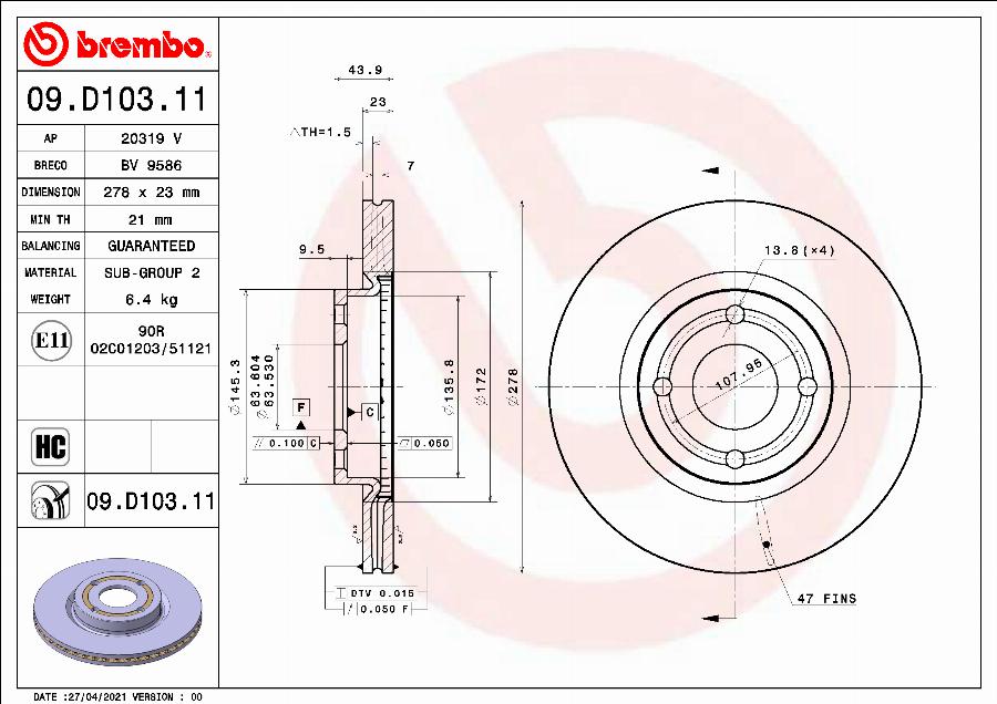 Brembo 09.D103.11 - Stabdžių diskas autoreka.lt