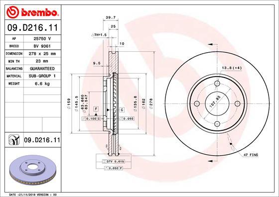 Brembo 09.D216.11 - Stabdžių diskas autoreka.lt