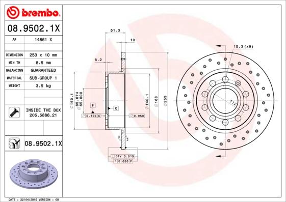 Brembo 08.9502.1X - Stabdžių diskas autoreka.lt
