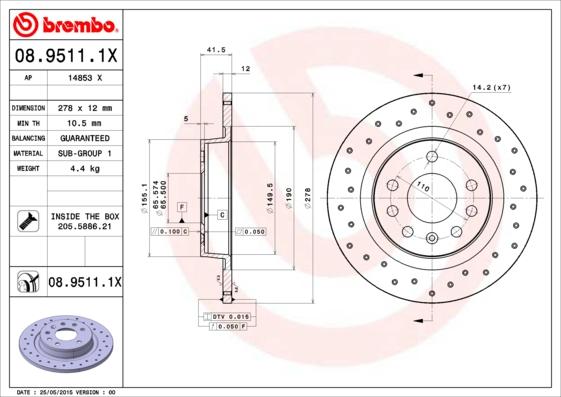 Brembo 08.9511.1X - Stabdžių diskas autoreka.lt