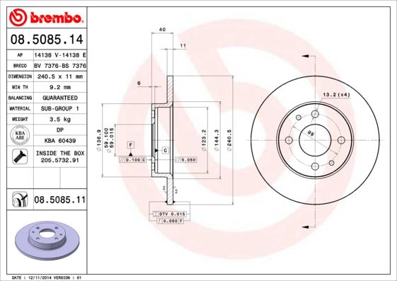 Brembo 08.5085.14 - Stabdžių diskas autoreka.lt