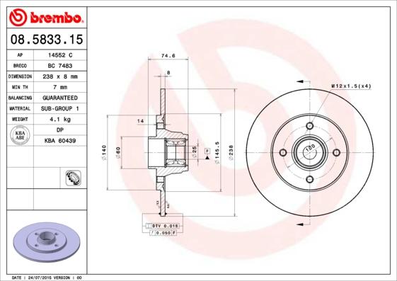 Brembo 08.5833.15 - Stabdžių diskas autoreka.lt