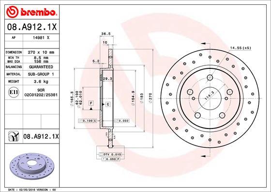 Brembo 08.A912.1X - Stabdžių diskas autoreka.lt