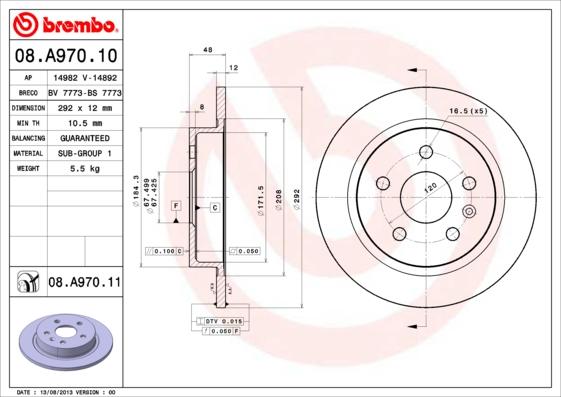 Brembo 08.A970.11 - Stabdžių diskas autoreka.lt