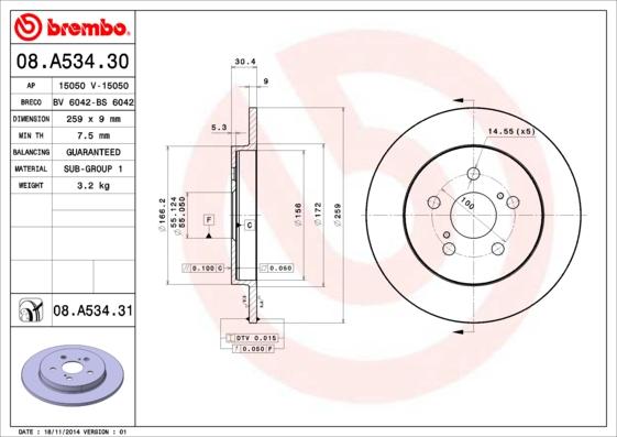 Brembo 08.A534.30 - Stabdžių diskas autoreka.lt