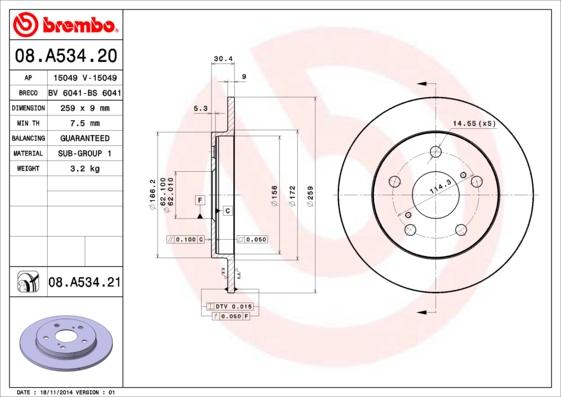 Brembo 08.A534.20 - Stabdžių diskas autoreka.lt