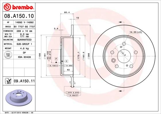 Brembo 08.A150.10 - Stabdžių diskas autoreka.lt