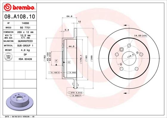 Brembo 08.A108.10 - Stabdžių diskas autoreka.lt