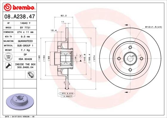 Brembo 08.A238.47 - Stabdžių diskas autoreka.lt