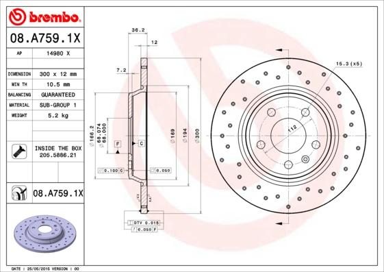 Brembo 08.A759.1X - Stabdžių diskas autoreka.lt