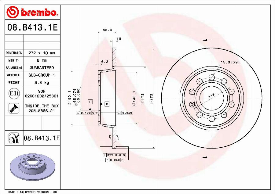 Brembo 08.B413.1E - Stabdžių diskas autoreka.lt