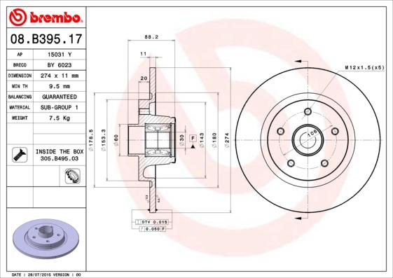 Brembo 08.B395.17 - Stabdžių diskas autoreka.lt