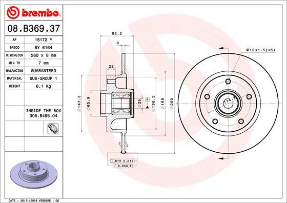 Brembo 08.B369.37 - Stabdžių diskas autoreka.lt