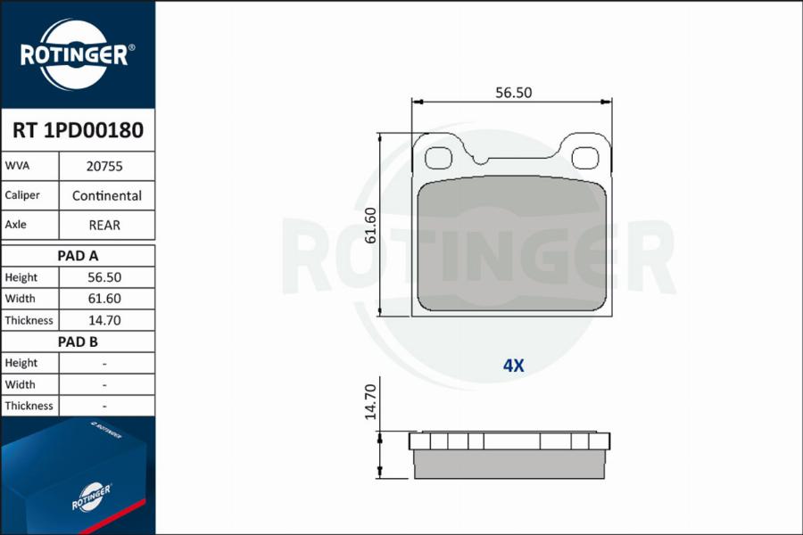 Rotinger RT 1PD00180 - Stabdžių trinkelių rinkinys, diskinis stabdys autoreka.lt