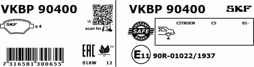 SKF VKBP 90400 - Stabdžių trinkelių rinkinys, diskinis stabdys autoreka.lt