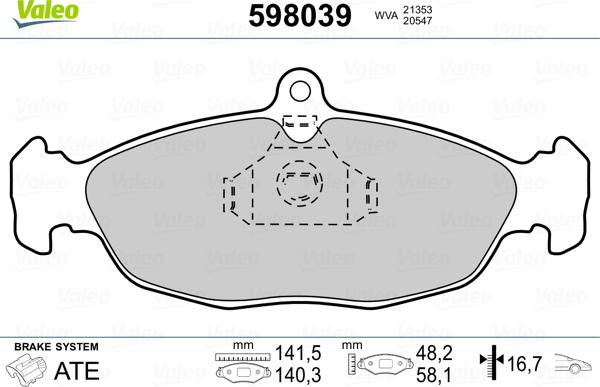 Valeo 598039 - Stabdžių trinkelių rinkinys, diskinis stabdys autoreka.lt