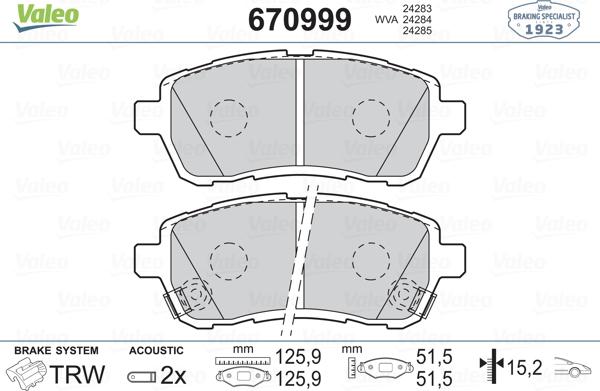 Valeo 670999 - Stabdžių trinkelių rinkinys, diskinis stabdys autoreka.lt